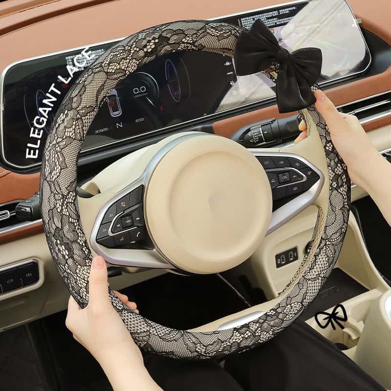 Elegant Black Lace Steering Wheel Cover with Large Bow-Knot, Cute Floral Car Accessory for Women, Non-Slip Comfortable Grip, Universal 14-15 Inch Fit for Full Protection, Car Accessories, Accessories For Car