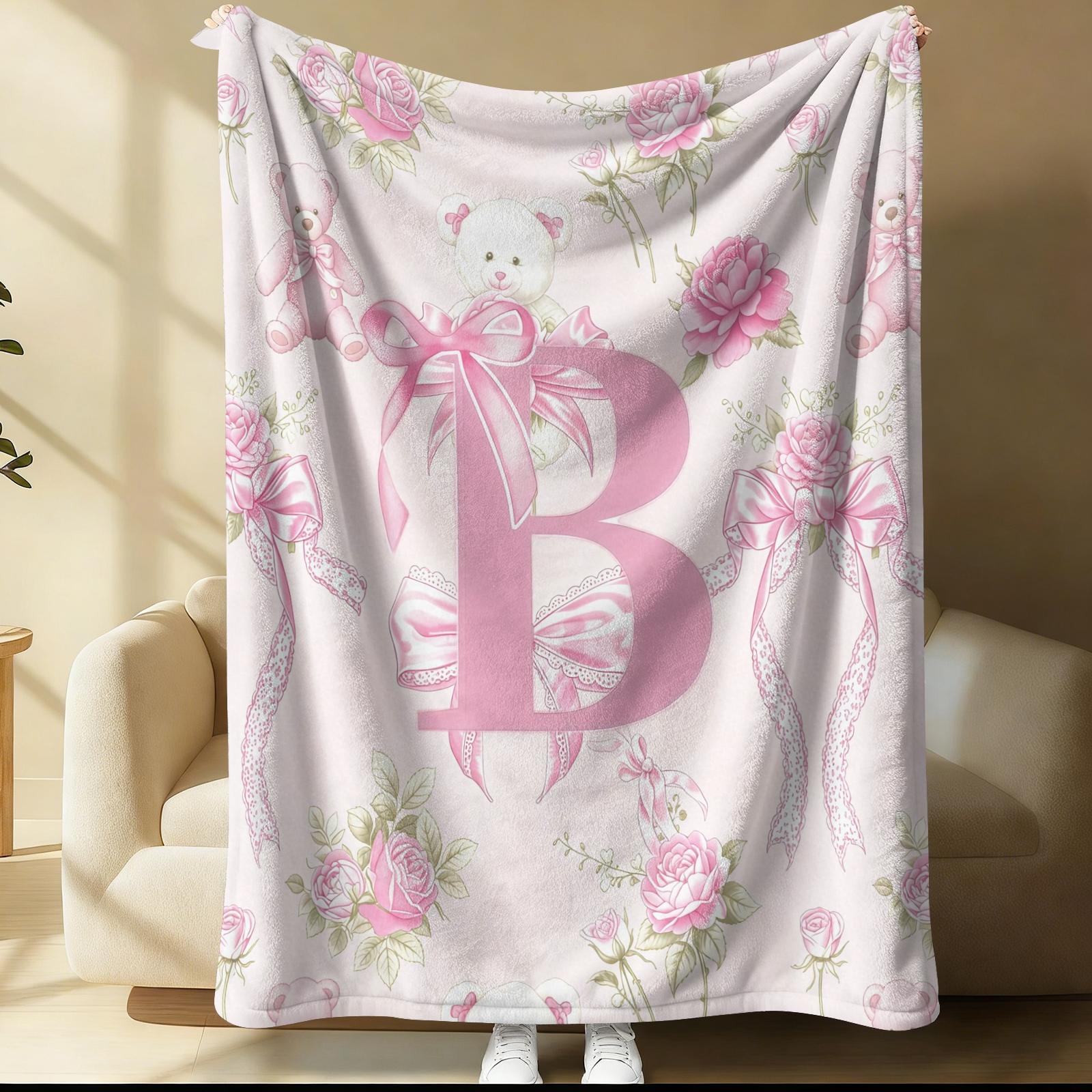 Pink Coquette Initial Letter Throw Blanket, Soft Fuzzy Plush, Teddy Bear & Rose Floral, Girly Bow Print, Lightweight for Couch Bed Office, All Seasons, Aesthetic Room Decor, Perfect Gift