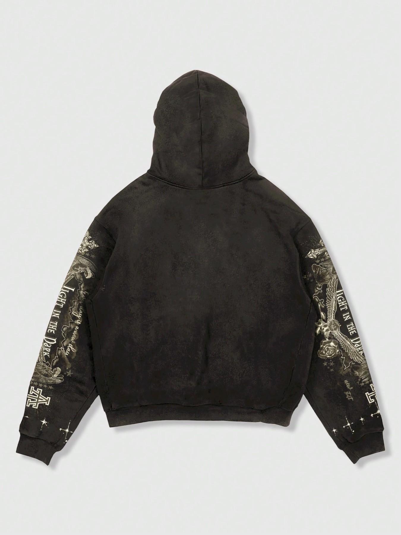 Men's Y2K Retro Vintage Streetwear, Angel Wings Graffiti Print Zip-Up Sweatshirt, Graphic Hoodie, Loose-Fit Short Jacket