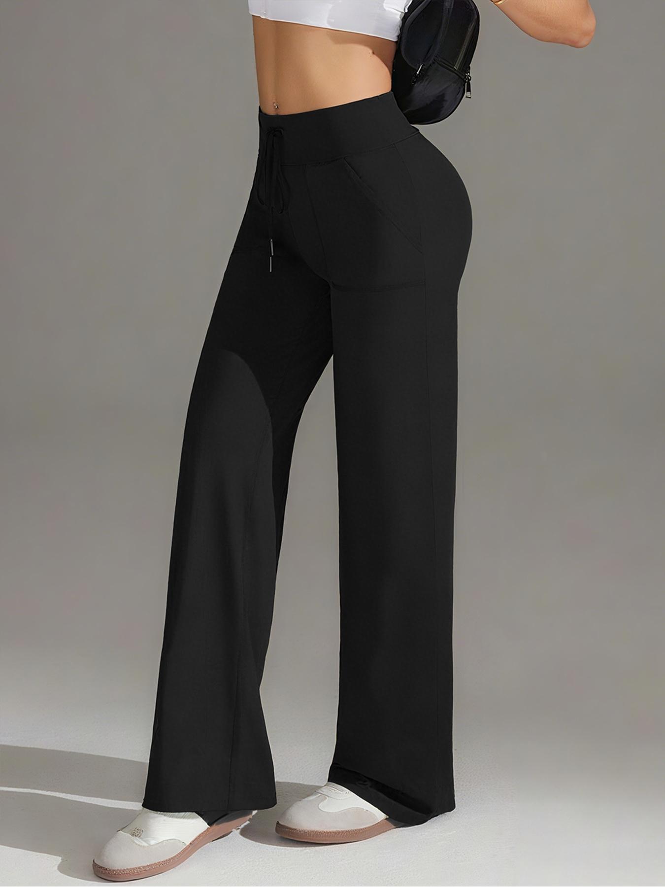 High Waist Drawstring Elastic Casual Pants, Wide Leg Straight Fit Gym Pants, Fall & Winter Long Pants with Pockets, Athleisure Style Bottoms