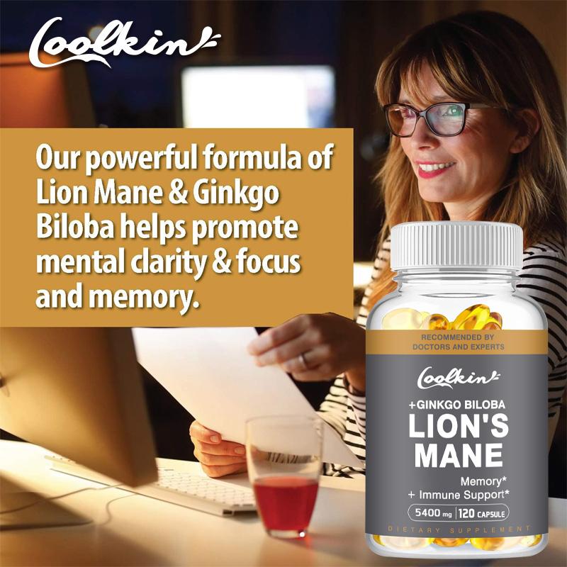 Coolkin - Organic Lion's Mane Mushroom, Ginkgo Biloba Supplement - Premium Ingredients, Gluten Free - 60/120 Vegetarian Capsules