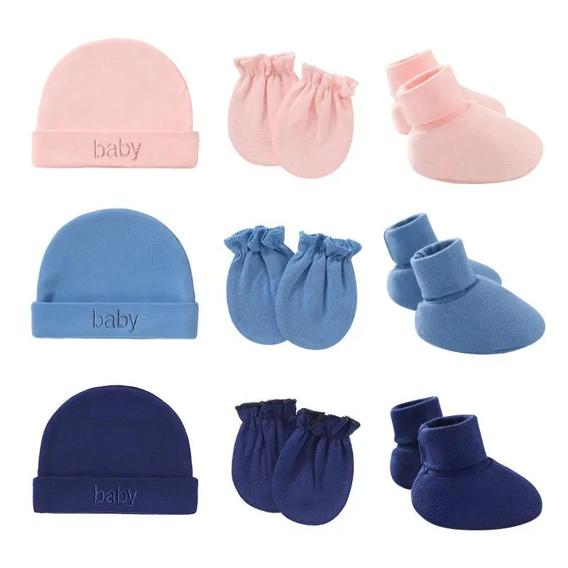 Embroidered Beanie Hat No-Scratch Mitten & Foot Sock Set, Soft Stretch Cotton Warm Hand Foot Protectors, Elastic Cuff Cozy Breathable Set for Home Sleep Daily Wear & Gifting