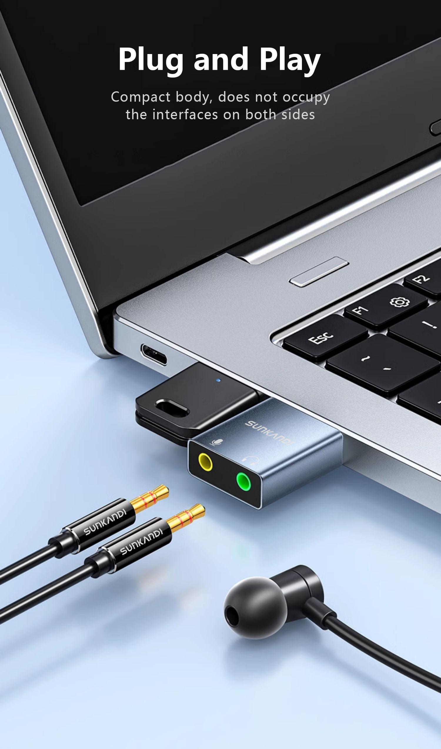 SUNKANDI USB to Audio Jack Sound Card Adapter with 3.5mm Headphone and Microphone USB to Aux 3.5mm External Audio Converter for Windows Mac Linux PC Laptops Desktops PS5 Switch 2