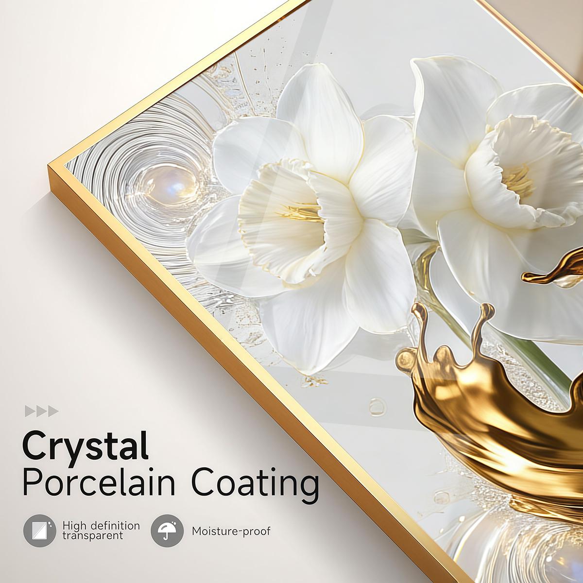 3 Counts Aluminum Alloy Framed Painting, White Daffodil Flowers With Golden Liquid Art Pictures, Home Decoration For Living Room, Bedroom, Office, Restaurant, Hallway Wall Decor, Odorless Print Artwork, Luxury Perfect Gift For Friends And Family