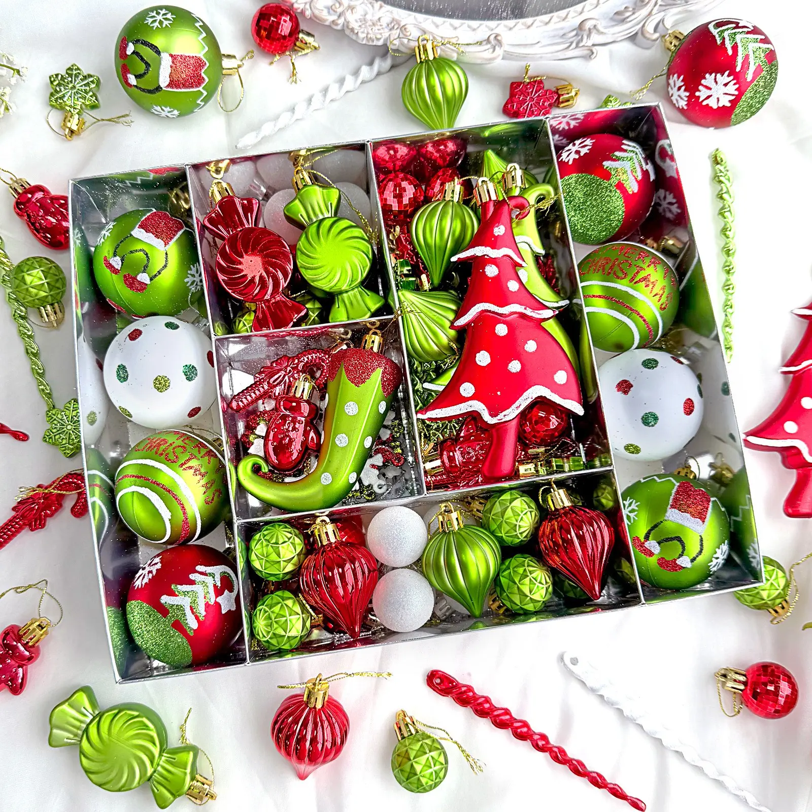 1-Set Grinch Theme Christmas Ornament Balls Set Fun Quirky Style Plush Texture + Painted Designs + Grinch Green Color + Multiple Size Options for Home Christmas Decor / Tree Decoration / Holiday Gag Gifts