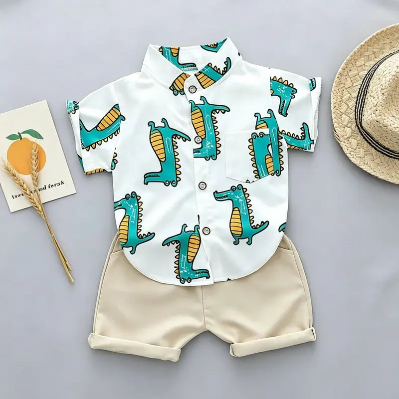 Boys Summer Cartoon Crocodile Stand Collar Shirt Short Sleeve Shorts Set, Casual Toddler Clothes Kids, Comfortable and Stylish, Cartoon Printed Set, Clothing Sets, Graphic Print Set