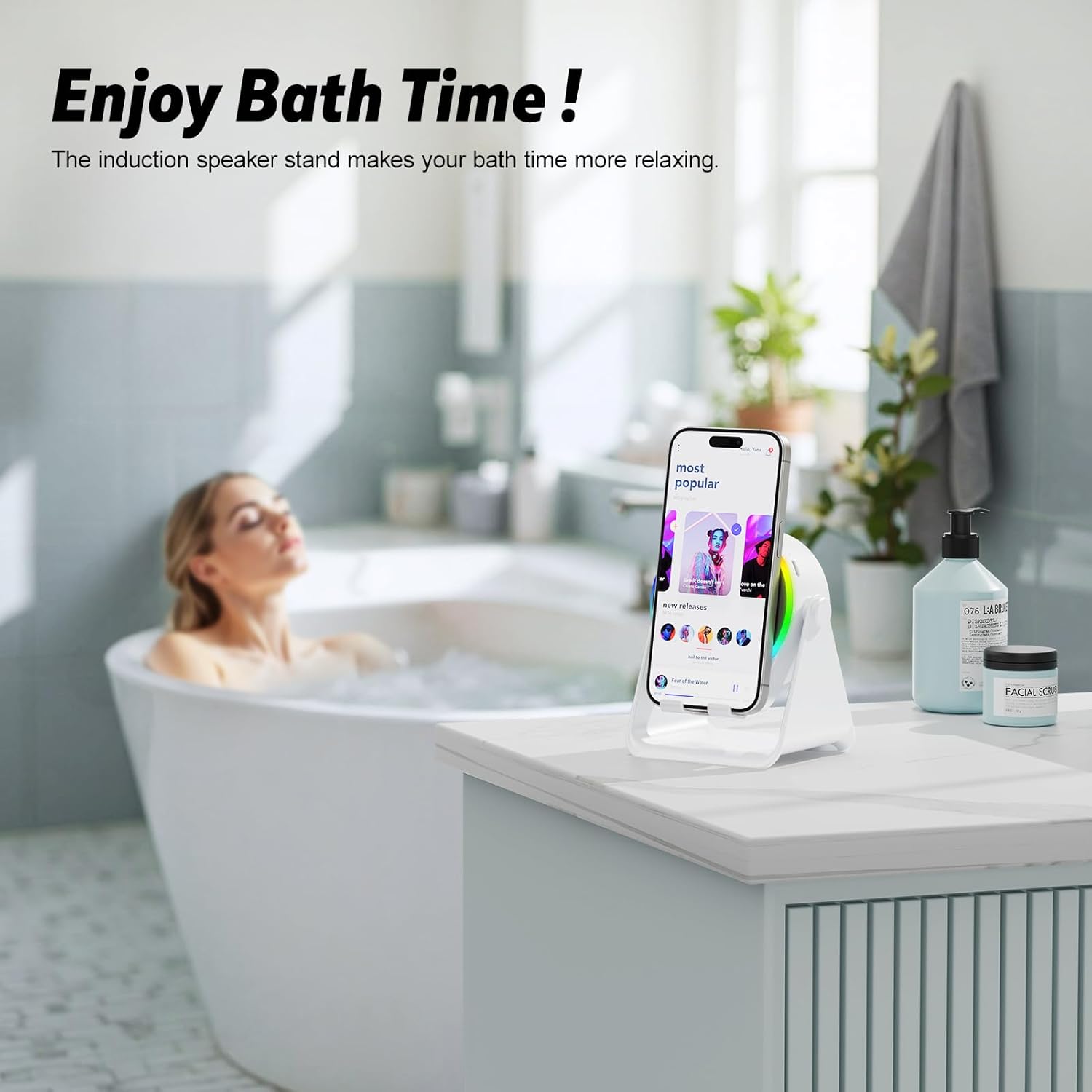 Wireless Induction Audio Bluetooth Speaker,360° Rotation Stand with LED,Universal Speaker Stands for Surround Sound&Hi-Fi Sound,Portable Desktop Stand Gift for Home,Shower,Outdoors,Travel