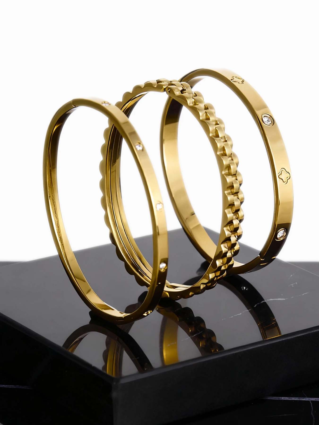 3-Piece Set of 304 Stainless Steel Stackable Bracelet with Chain and Clover Design, Fashionable Style, Suitable for Women, Suitable for Leisure, Party, Festival, Birthday, Wedding, Valentine's Day Gift, Mom, Mother's Day Gift