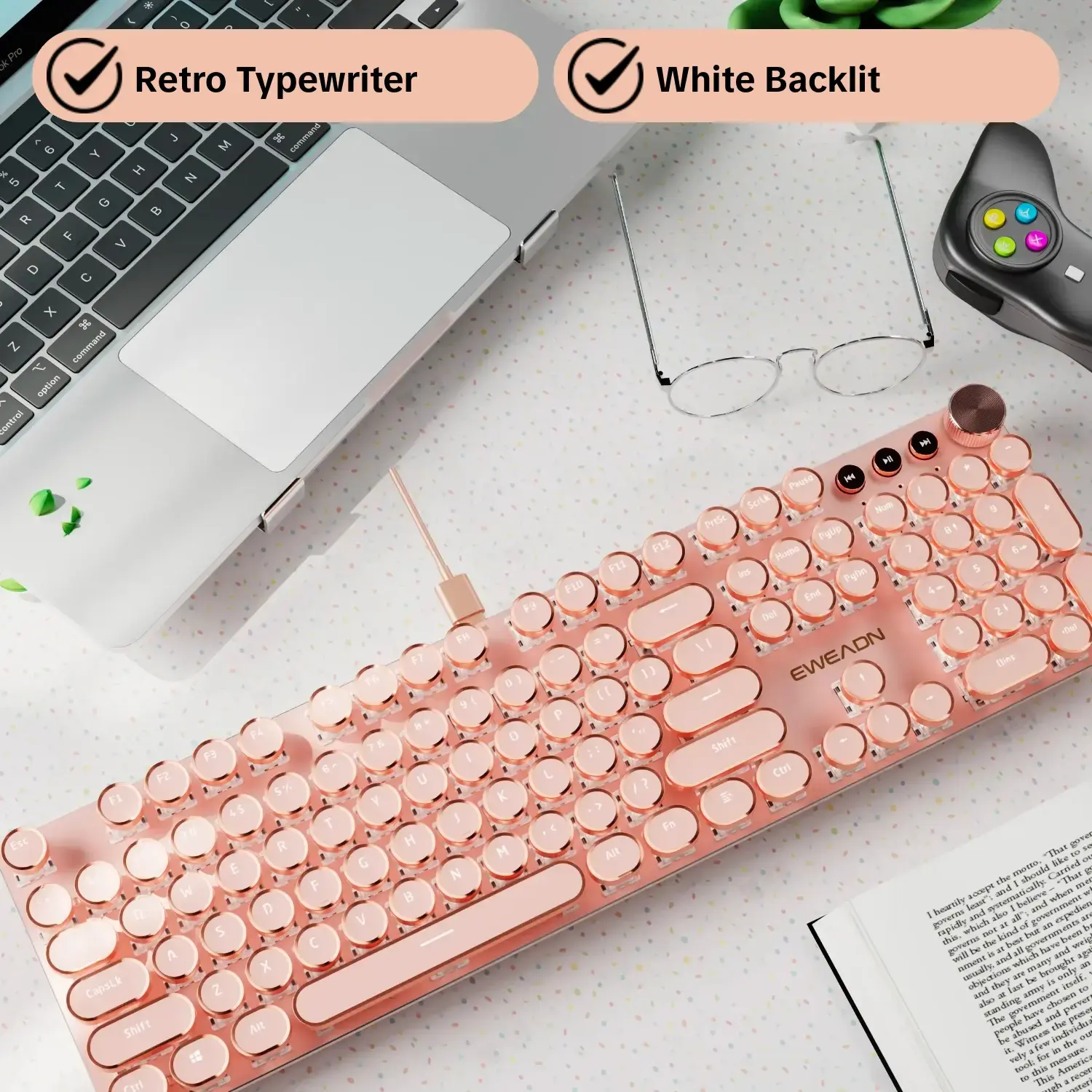 EWEADN V20 Mechanical Gaming Keyboard, 104 Keys Punk Wired Keyboard, Office Keyboards Full Size White Backlit, with Multimedia Knob, for Windows Laptop PC, Lighted Mechanical Keyboard, Illuminated Mechanical Keyboard
