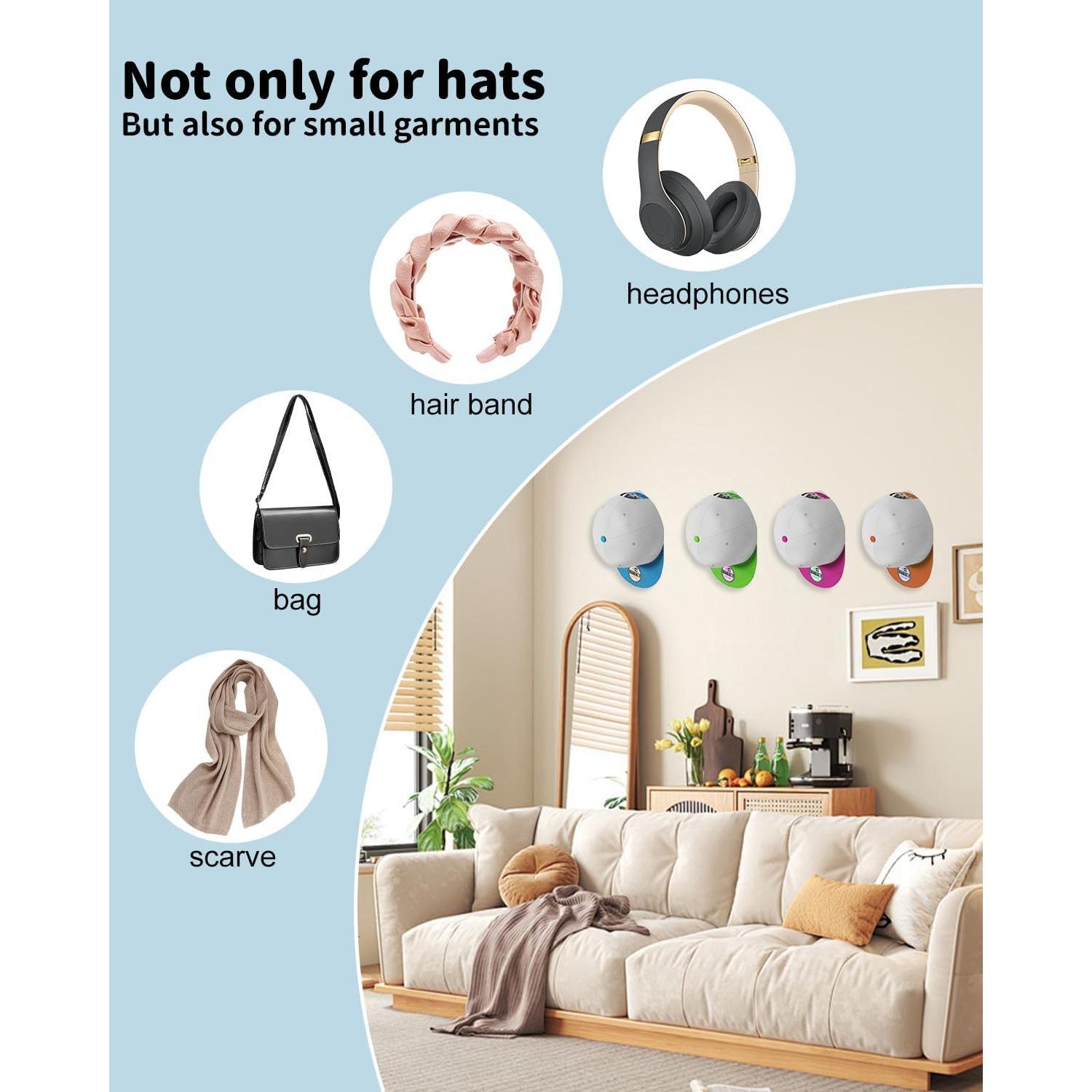 Adhesive Hat Hooks for Wall, Baseball Caps  Holdr, Ball Cap Hanger Wall Mount, Hat Display Rack, Hat Organizer Accessories, Clear 8-Pack
