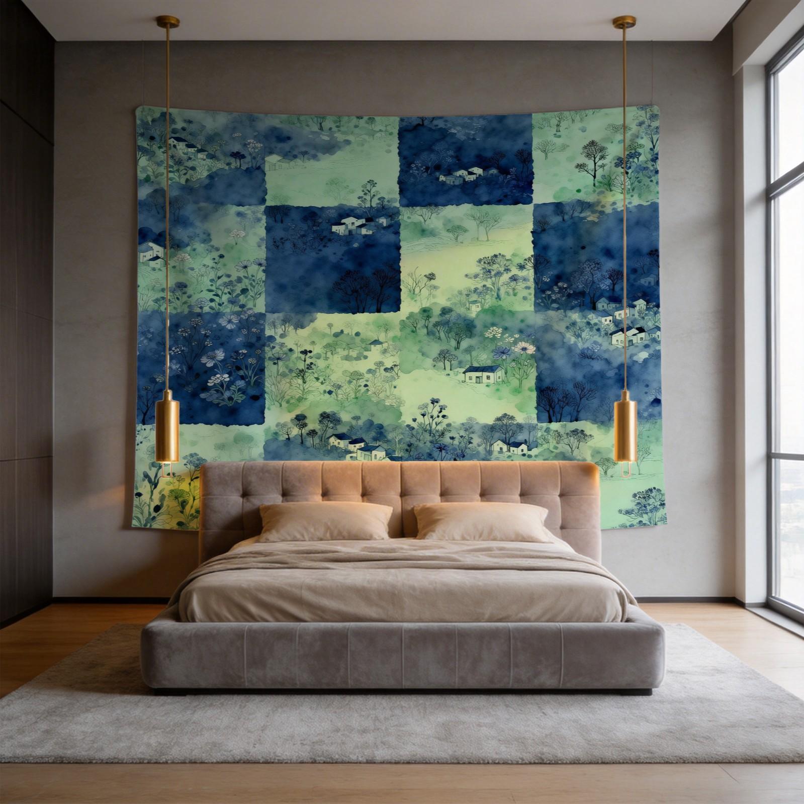 1 Piece Watercolor Landscape Checkered Tapestry, HD Digital Printed Wall Hanging Tapestries, Lightweight Fadeless Aesthetic Room Decor for Bedroom & Living Room, Easy to Hang, Add Vibrant Color to Your Space