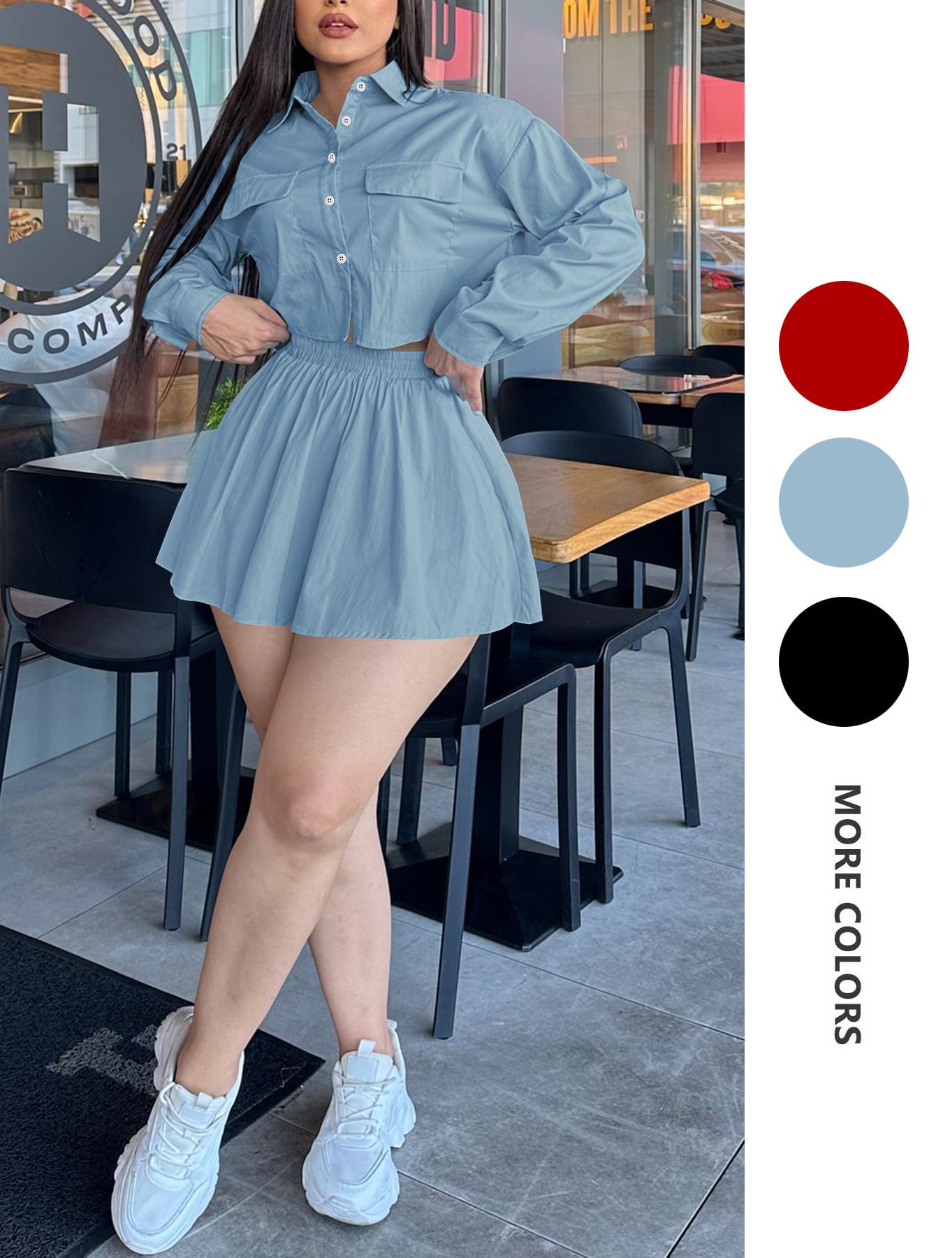 Two-piece Set Women's Solid Button Front Fitted Crop Shirt & Elastic Waist Flared Skirt, Casual Drop Shoulder Long Sleeve Top & High Waist Skirt for Daily Wear, Ladies Two-piece Outfits for All Seasons, Birthday Dresses 2024