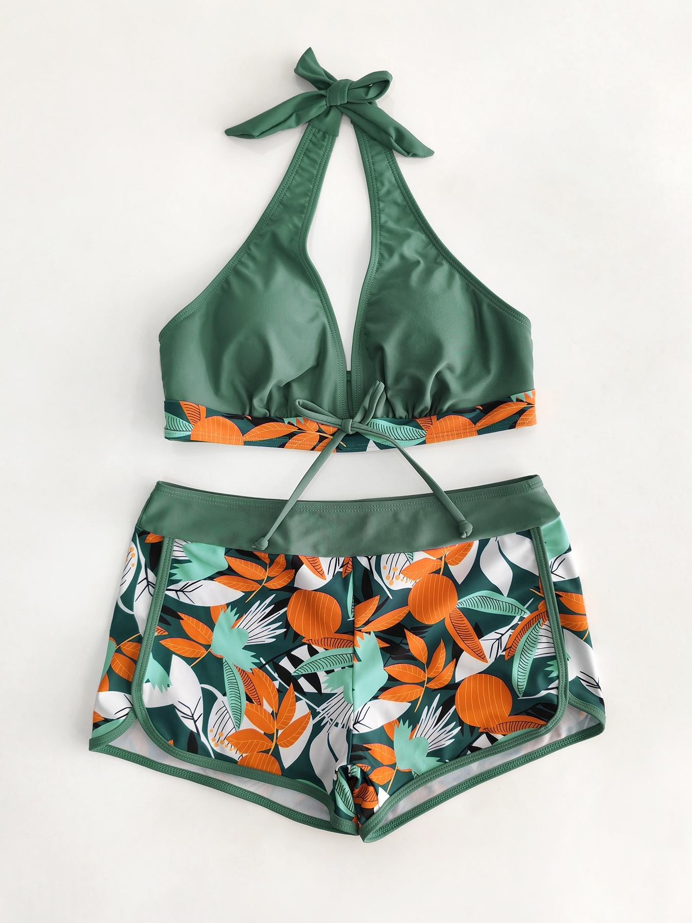 Women's Tropical Print Halter Knot Front Wireless Swim Bra & High Waist Shorts Bikini Set, Summer Outfits, Tummy Control Swimwear, Tie Back  Leaf Print Bikini Sets, Activewear, High Waisted Bikini Sets, Swimsuit Style, Beach Bikini Set,