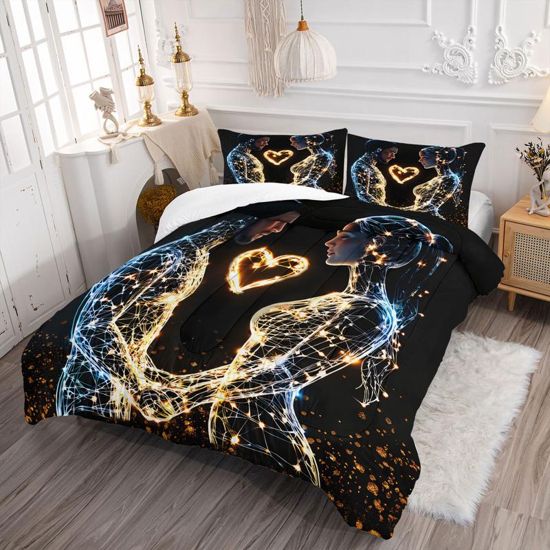 2/3pcs Couple Themed Comforter Set with 1 or 2 Coreless Pillowcases, Glowing Light Up Heart Design on Black Background. Soft and Cozy, Ideal for Couples, Perfect for Bedroom Bedding, Romantic Home Decor.