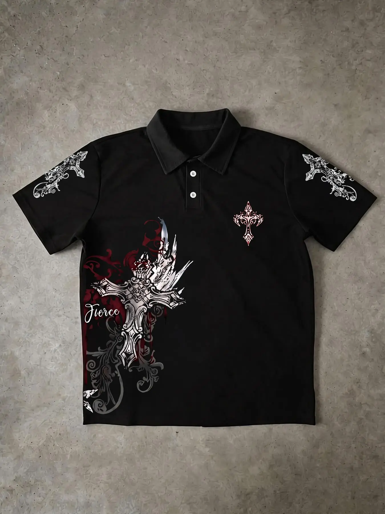 Men Black Gothic Cross Print Short Sleeve Polo Shirt, Y2K Dark Grunge Pattern Lapel Polo Top, Streetwear Hip Hop Casual Collared Tee, Retro Alt Aesthetic Daily Summer Shirts