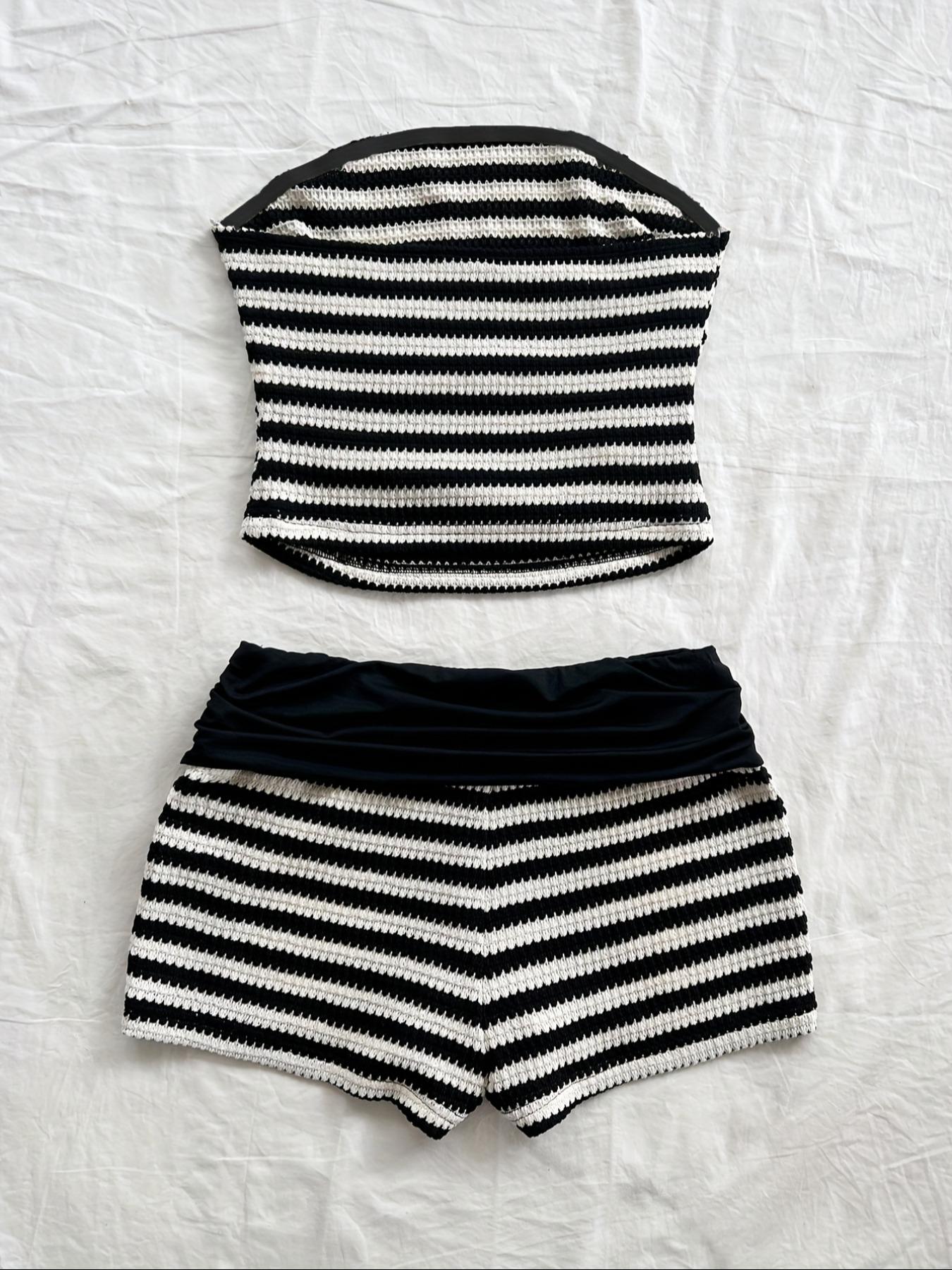 Two-piece Set Women's Striped Print Tube Top & Shorts, Casual Top & Shorts for Beach Vacation Holiday, Ladies Two-piece Outfits for All Seasons, Clothes, Womenswear, Summer Sleep Set