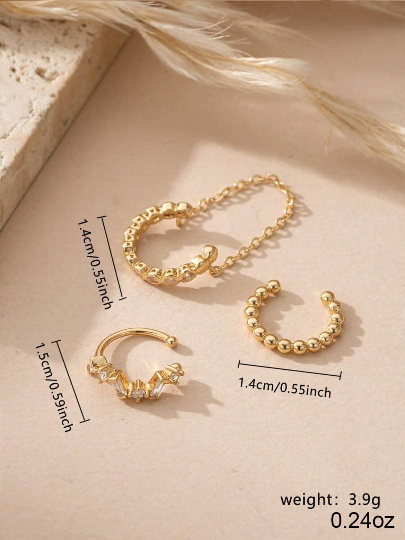 3pcs Shiny Sleek Appearance Cubic Zirconia Copper Chain Clip Earrings Set, Multi-Layer Stacking Earrings for Women, Ideal for Daily, Date, Party Wear