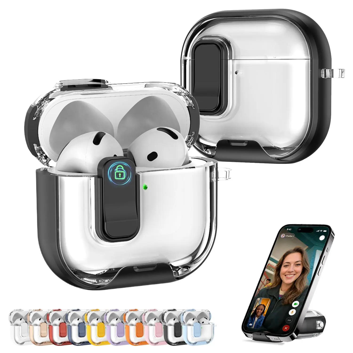 For AirPods 4 & AirPods Pro3 /Pro2 /Pro Case with Secure Lock Kickstand, Clear Anti-Yellow Shockproof Protective Cover, Wireless Charging Compatible, Keychain Ring Anti-Lost Earbud Case