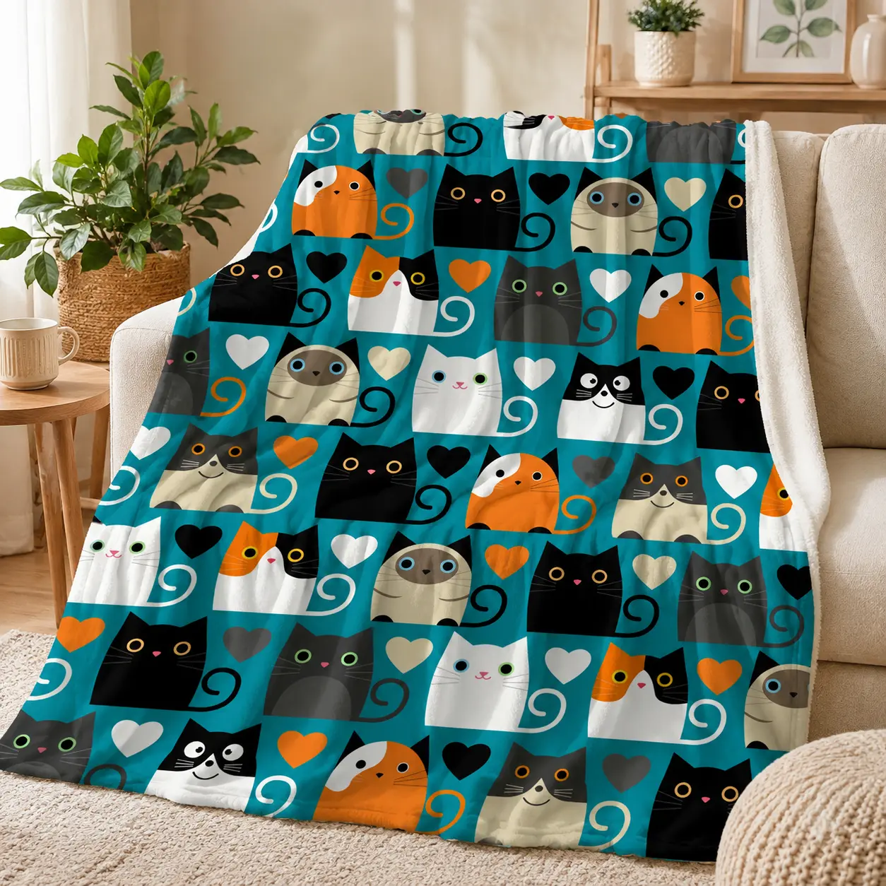 Cute Cartoon Cat Flannel Fleece Blanket, Colorful Kitty & Heart Pattern Throw Blanket, Soft Single-Sided Printed Blanket for Couch Bed Sofa, Cozy Cat Lover Gift for Women Girls Kids, Bedroom Living Room Decor