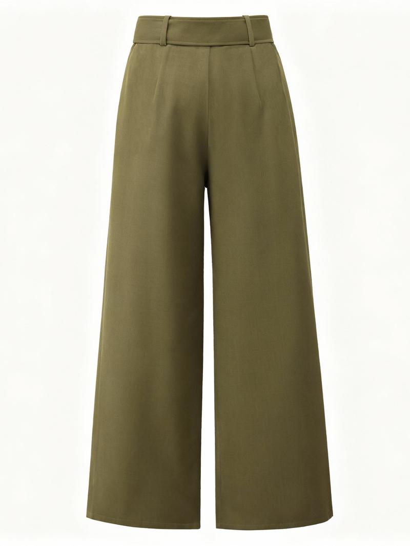 Women's High Waisted Wide Leg Pants with Metal Buckle Belt, Elegant Draped Design, Loose Fit, All Seasons, Casual & Business Wear, Casual Chic Trousers