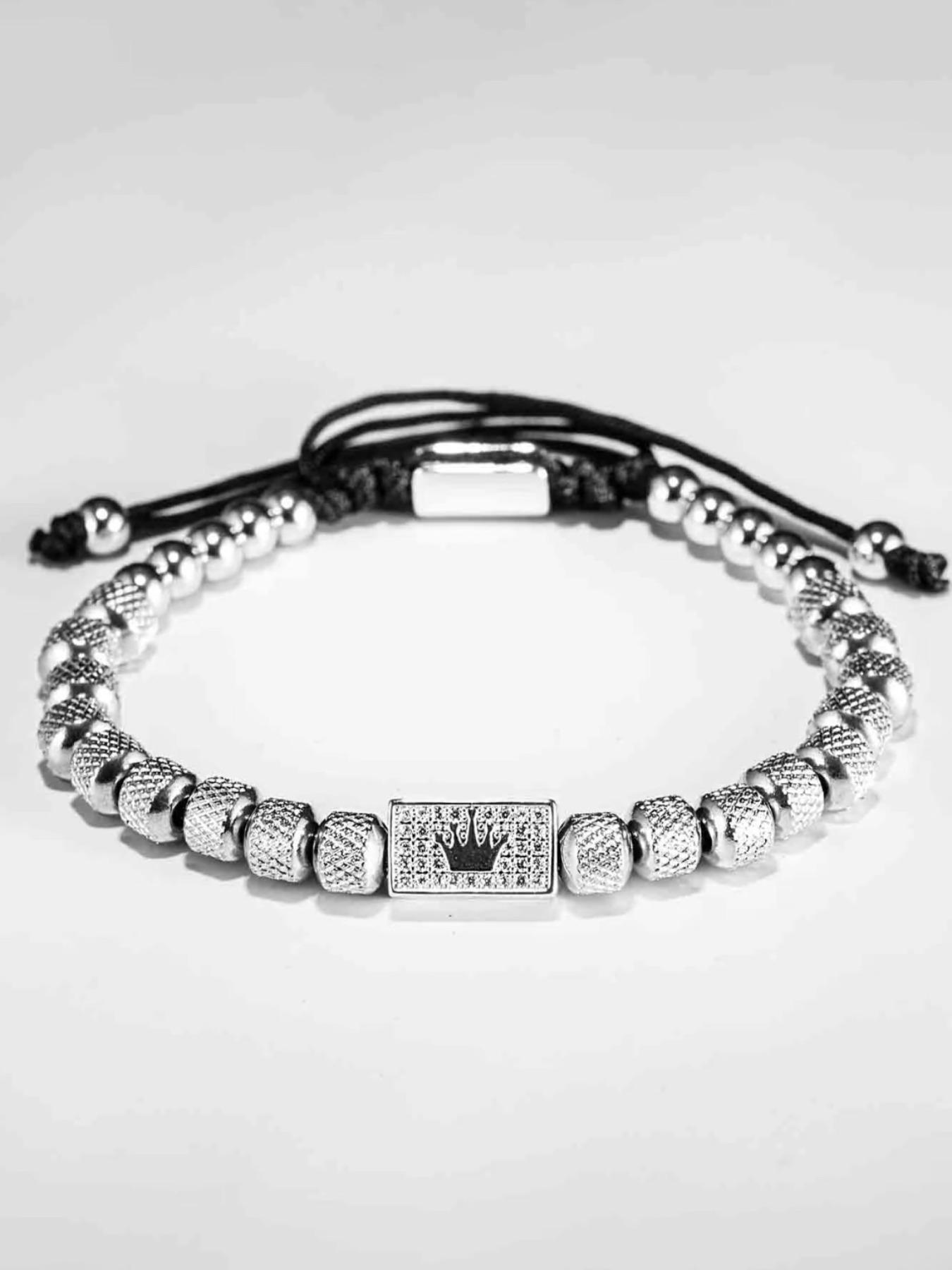 Vintage Stainless Steel Beaded Zircon Crown Bracelet, Adjustable Casual Men's Party Wristband, Chain Print, All Seasons