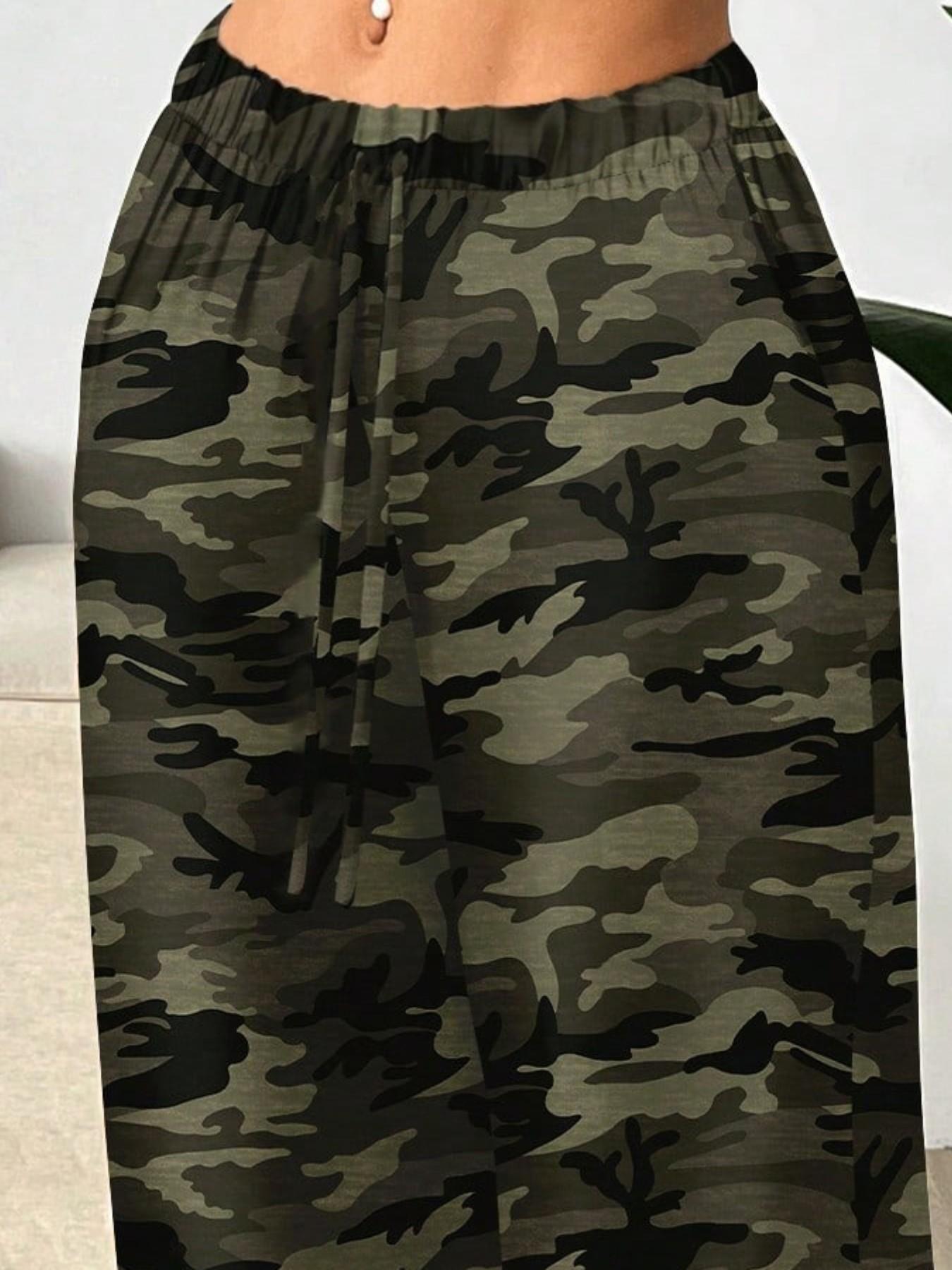 Trendy Camouflage Star Print Wide Leg Pants, High Waist Drawstring Elastic Waist Street Style, Multiple Colors Available