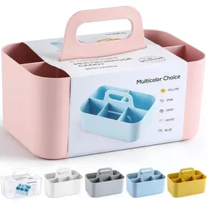 Multiuse Caddy Organizer with Handle, Portable Divided Plastic Tote Bin for Art Craft Stationary Pen Marker Crayons Makeup Hair Supplies Storage, Holder for Bathroom Classroom Dorm Office Desk - Pink