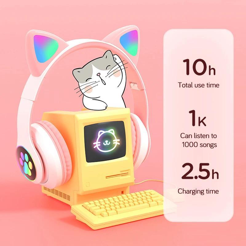 Flash Lamp Cute Cat Ears Headphone Bluetooth5.0 Stereo With Mic Support TF Card Wireless Kids Girl Earphone Birthday Gift btheadphones