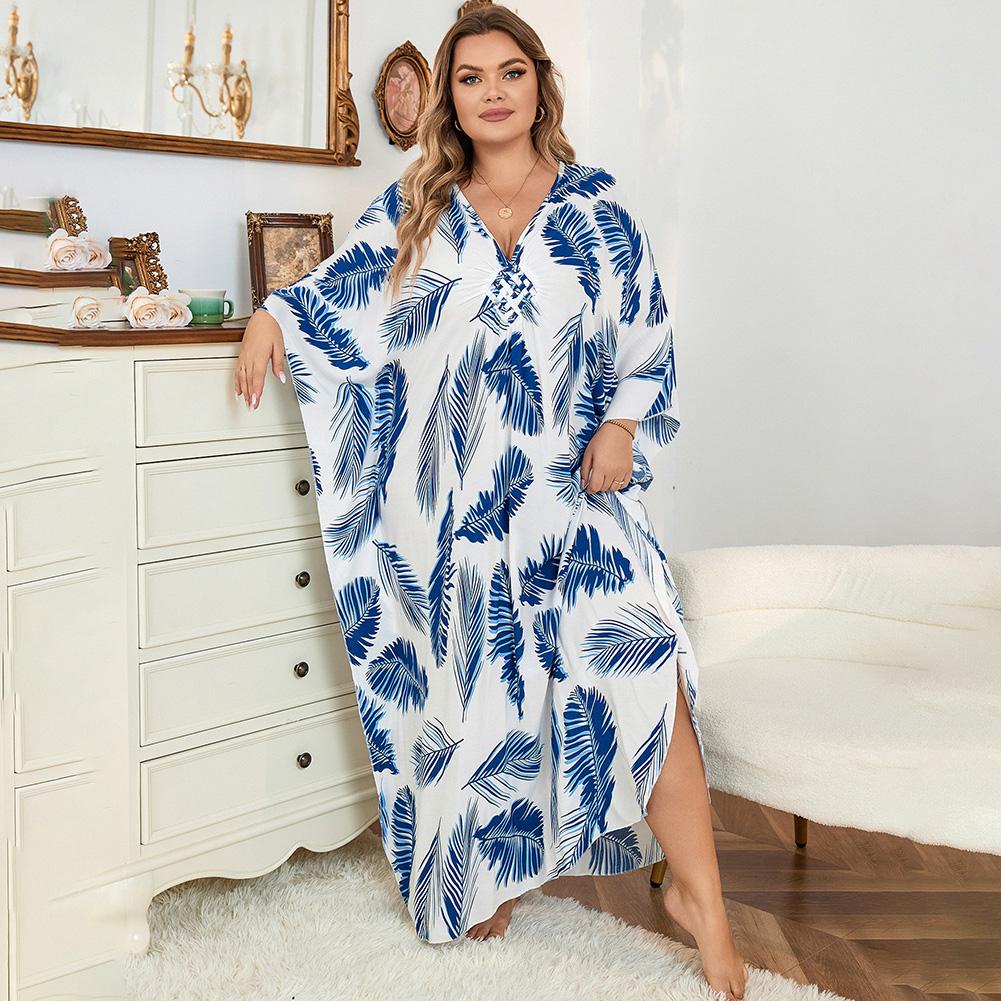 Bsubseach Women Ethnic Print Kaftan Dress ，Plus Size All Over Print  Sleeve TunicDress, Boho Casual V Neck 3/4 Sleeve TunicDress for Women, Women's Plus Cover Up,Mrs. Roper Kaftan ，bubu，mumu，Casual Womenswear Summer Bohemian Tangerine Hibiscus