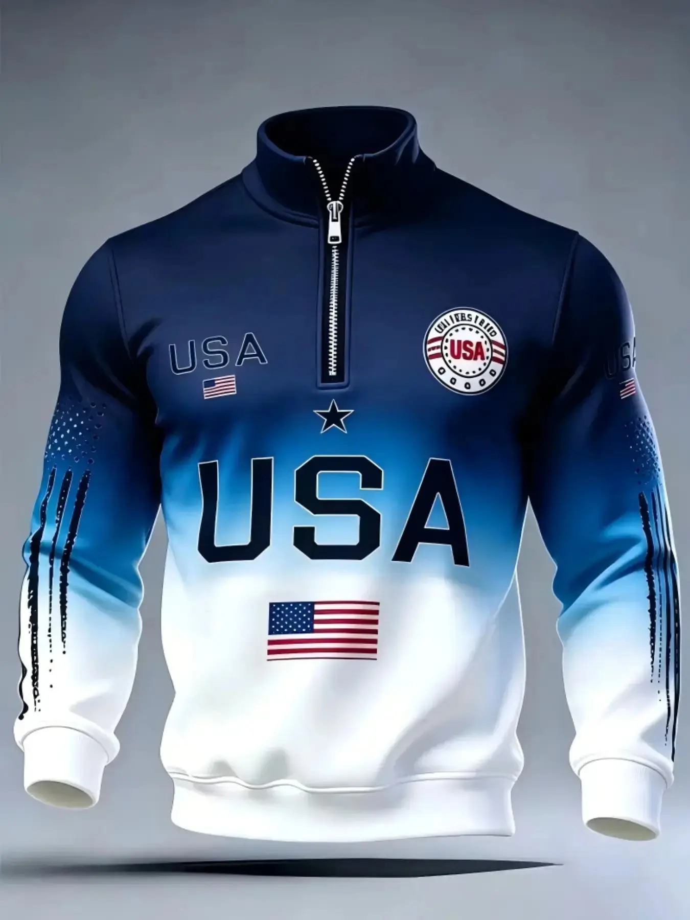 Men's Gradient Half Zip Stand Collar Sweatshirt, USA Flag Print Long Sleeve Pullover, Casual Streetwear Loose Fit Top for Outdoor Daily Wear Printed Sweatshirt