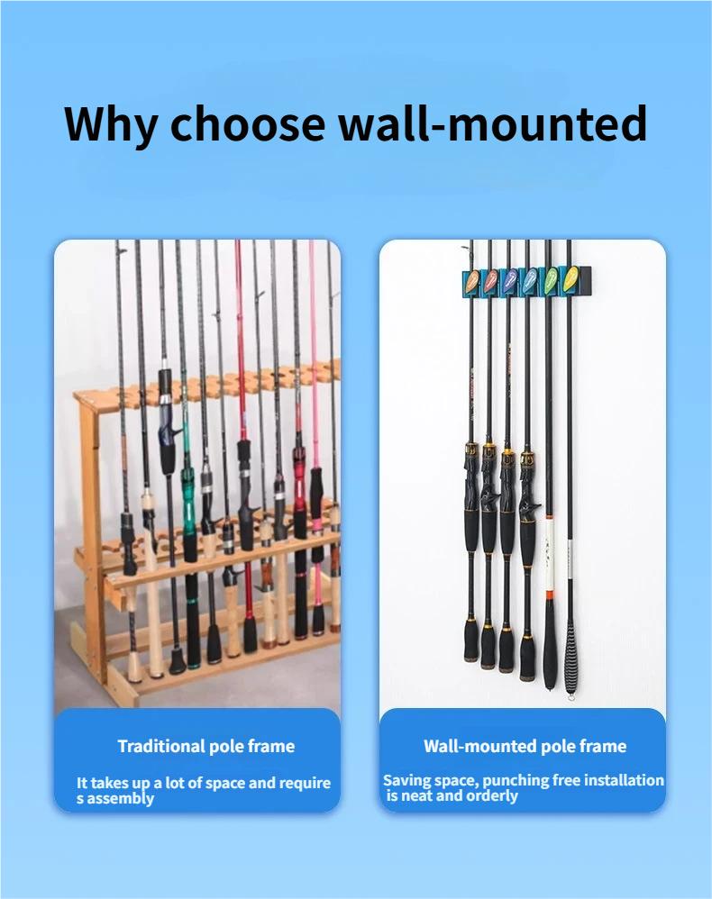6-Slot Vertical Wall Fishing Rod Holder, Punch-Free Quick Buckle Organizer with Strong Hold Spring Clips for Spinning Casting Fishing Rods