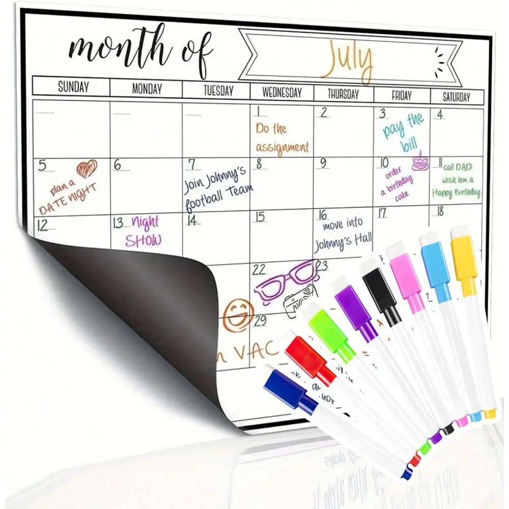 Monthly Whiteboard Planner with 8 Colored Erasable Pens, Magnetic Dry-Erase Calendar, Magnetic Surface for Kitchen, Office, Reusable Schedule Organizer