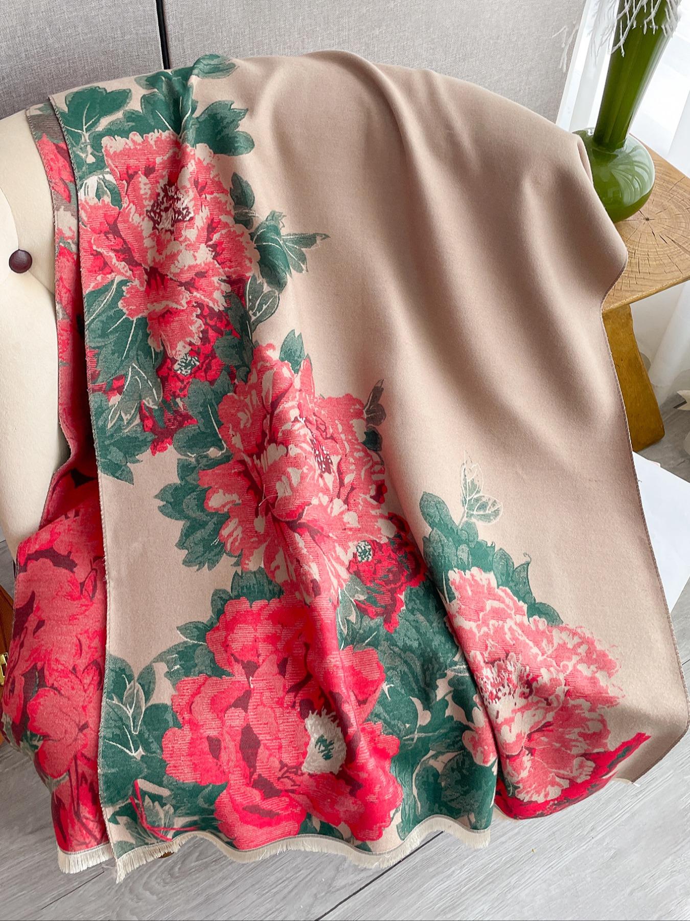 Women's Fashion Scarf, Floral Jacquard Shawl, Warm Thick Woven Fabric, Elegant Fitted Design, Perfect for Fall & Winter Wear