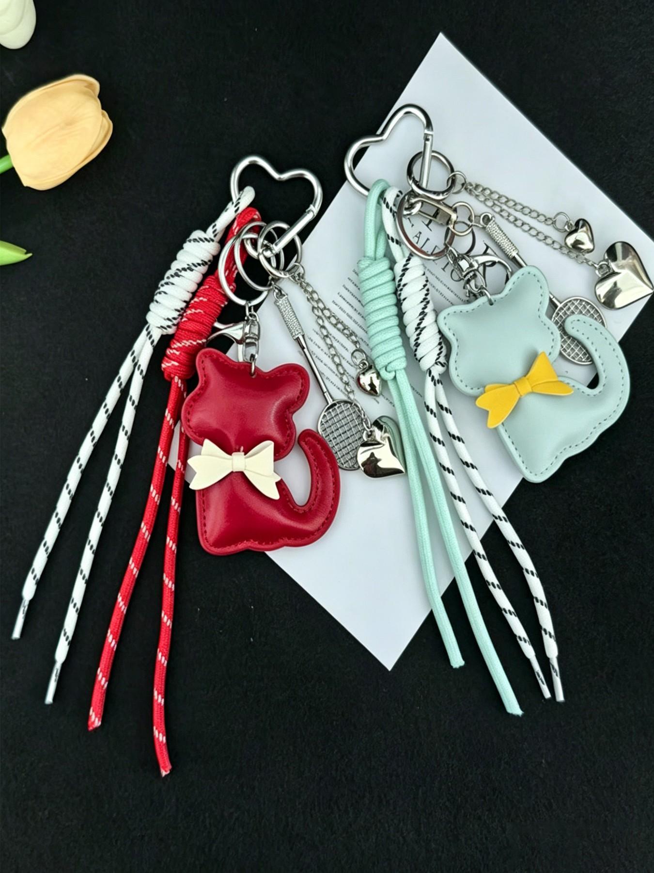 Miu Style Butterfly Knot Cat Keychain, Cute Heart Leopard Pattern Pendant, Casual All-Season Accessory for Bags and Backpacks