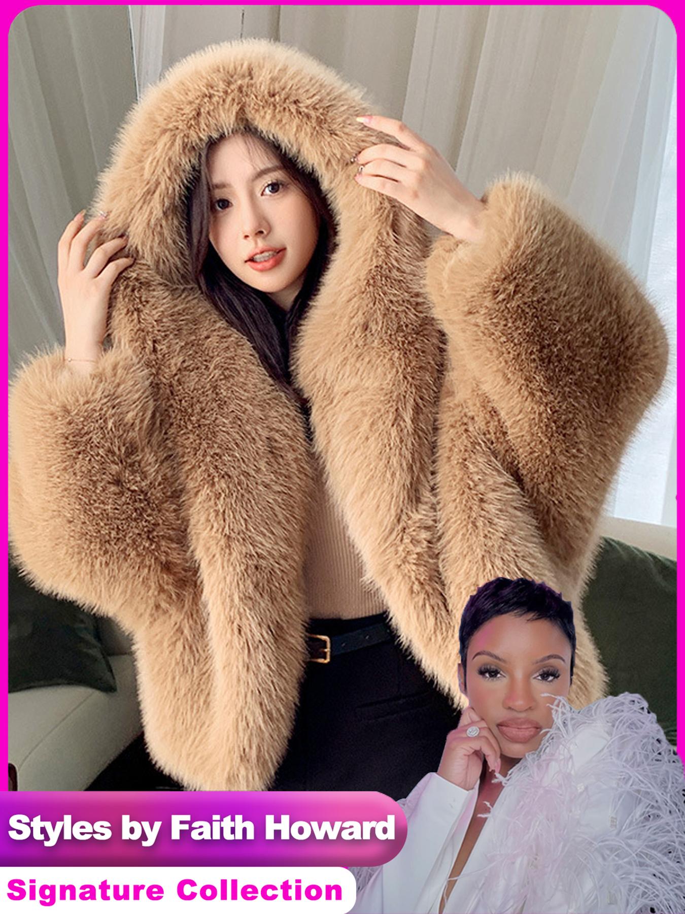 Women's Solid Color Hooded Faux Fur Coat, Casual Loose Long Sleeve Thermal Jacket for Fall & Winter, Women's Clothing for Daily Wear