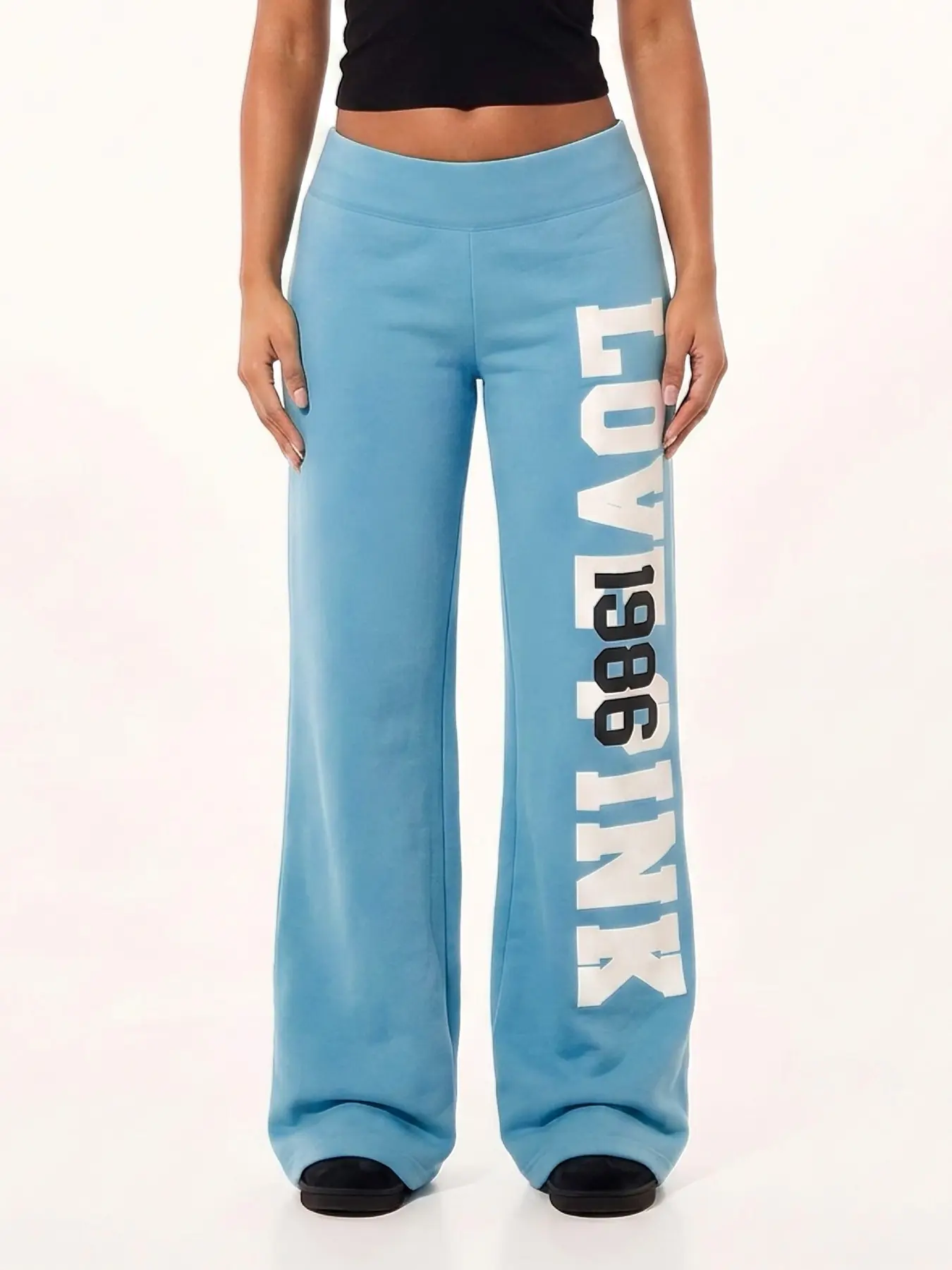 Women Turquoise Y2K Letter Graphic Bootcut Sweatpants, Elastic Waist Loose Wide Leg Flare Jogger Trousers For Street Daily Casual Wear