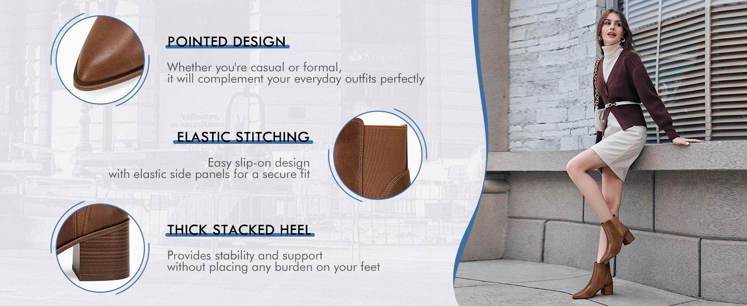 Coutgo Womens Pointed Toe Ankle Boots Elastic Chunky Block Stacked Mid Heel Slip On Chelsea Booties