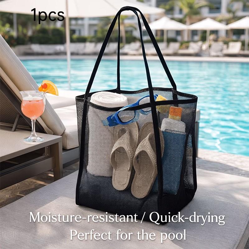 Large Capacity Mesh Beach Tote Bag, Solid Color with Durable Handles, Ideal for Travel, Beach, Vacation, Camping, Multi-Functional Storage Solution