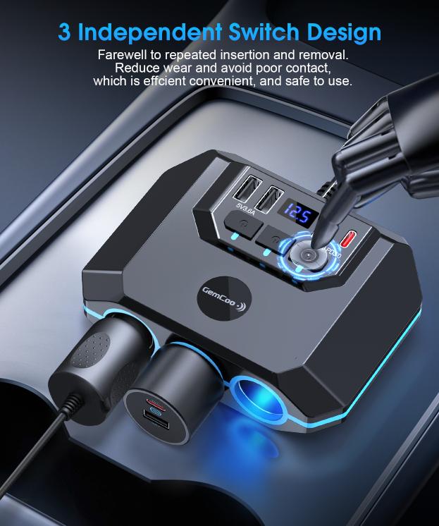QC3.0 and PD Car Cigarette Lighter Adapter Splitter easy fix, 120W, 3 Sockets+4 USB include 2 Quick Charge Ports, LED Voltmeter, Independent Switches, 30in Cable, Easy Fix and Move, Suitable for 12V-24V Vehicles.