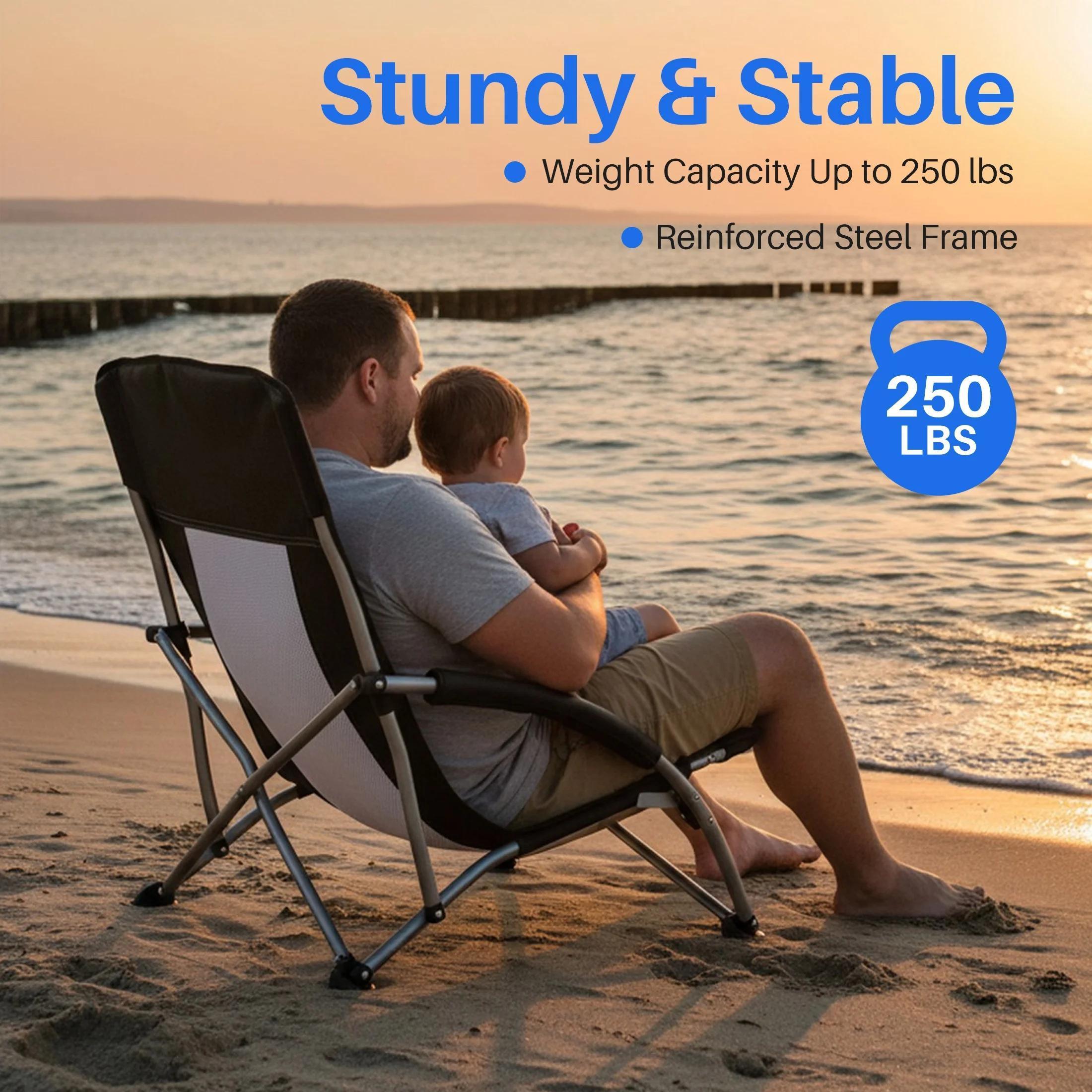 Heavy-Duty Portable Folding Camping Chair with Mesh Ventilated Backrest, Side Storage Pockets, Built-In Cup Holder and Integrated Backpack, Lightweight Foldable Outdoor Chair for Camping, Hiking, Picnics and Beach Trips