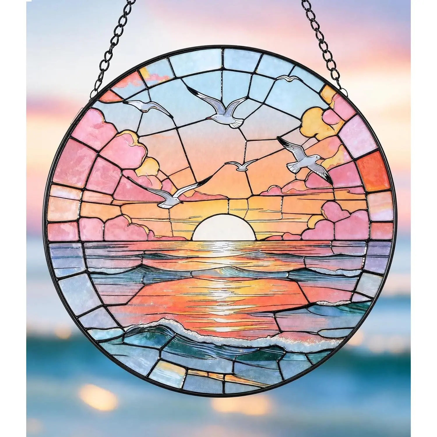 Hanging Stained Glass for Windows,20cm/7.87inch Sea Sunrise Stained Glass Suncatcher with Chain Garden Diamond Glass Panel Hangings Decoration for Home Decor Gifts for Family Friends Colleagues