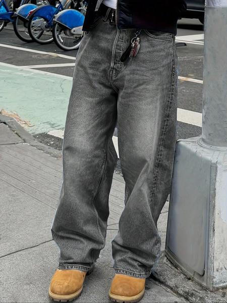 Men's Straight Leg Denim Jeans, Street Style Loose-Fit Casual Pants, All Season Fashionable High-Street Long Trousers