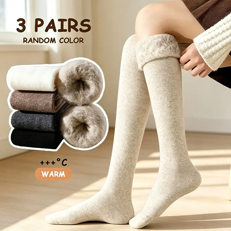 Lady's 3-Pairs Random Color Basic Knitted Over-the-Knee Socks, Thick Fleece-Lined Ribbed Thermal Warmers for Winter Dress Boots Daily Wear