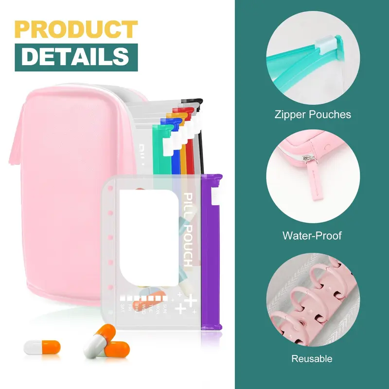 A7 Waterproof Pill Organizer with 7 Large Zippered Pill Pouches for A7 Binder, BPA-Free Weekly Medicine Storage, Color-Coded Reusable Travel Pill System, Supplement Organizer #GLOBAL PICKS