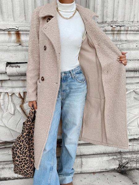 Women's Winter Korean Plush Long Coat, Loose Fit Double Button Overcoat, Warm Casual Outerwear for Fall & Winter Seasons