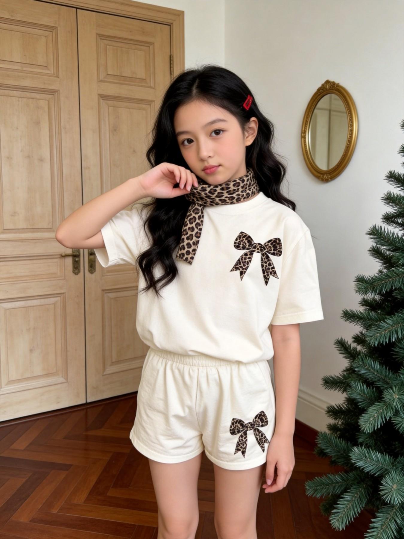 Girls' Summer School-Style Set: Comfortable Short-Sleeve T-Shirt and Shorts Two-Piece Set for School; Girls' Activewear with Printed Design; Girls' Round-Neck Short-Sleeve T-Shirt—Casual and Fashionable Summer Clothing for Kids