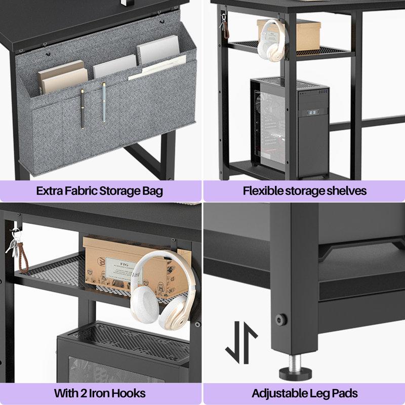 Unikito L-Shaped Desk with Hutch & Power Outlet Gaming Desk Corner Computer Desk with LED Lights Reversible Design Sturdy Metal Frame MDF Board Adjustable Storage Shelves Black Color 55 x 55 inches Office Furniture