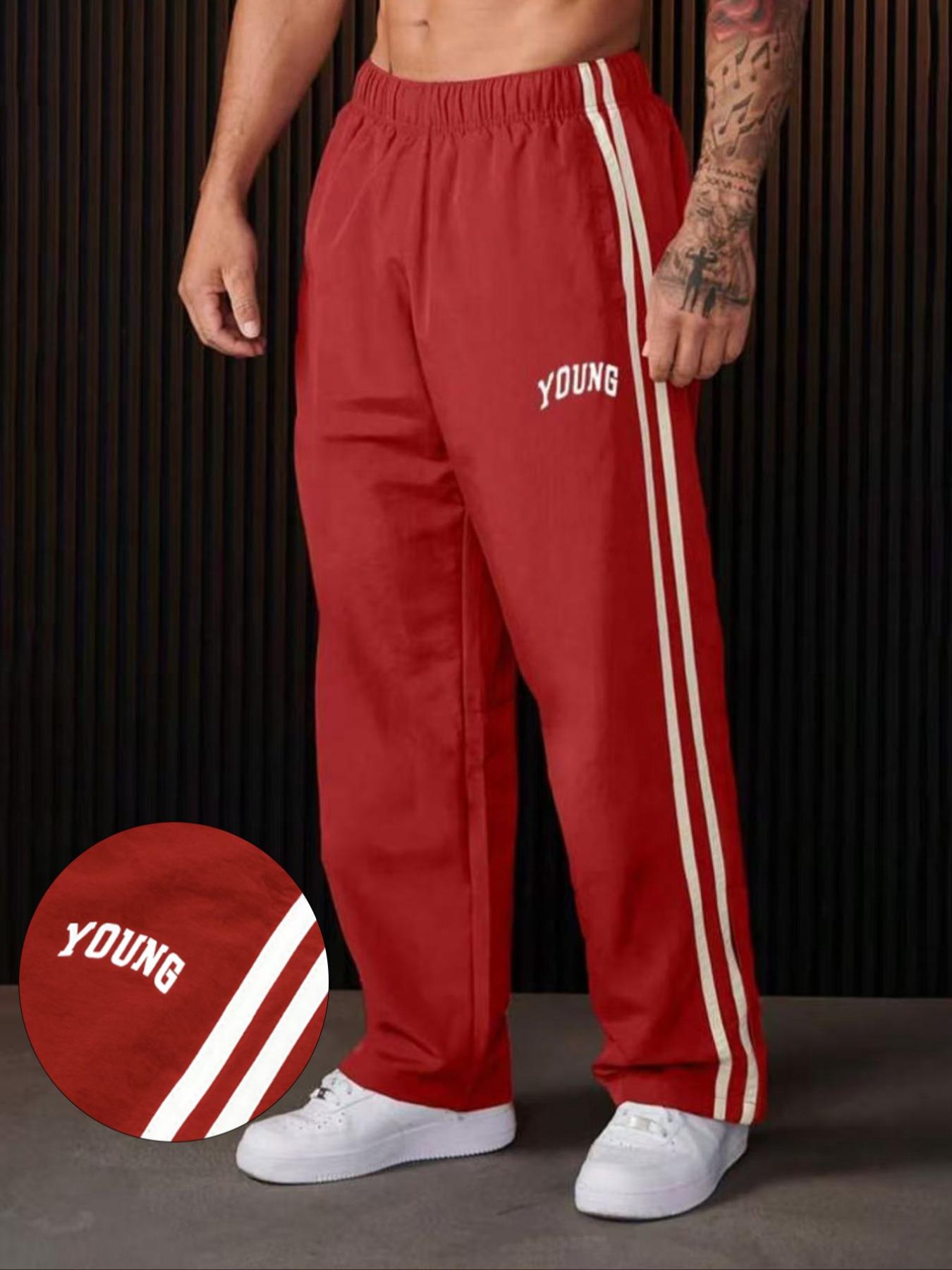 YYK brand Men's Letter & Striped Print Pants, Regular Fit Casual Comfy Breathable Pants for Outdoor Daily Wear, Men's Trousers for All Seasons