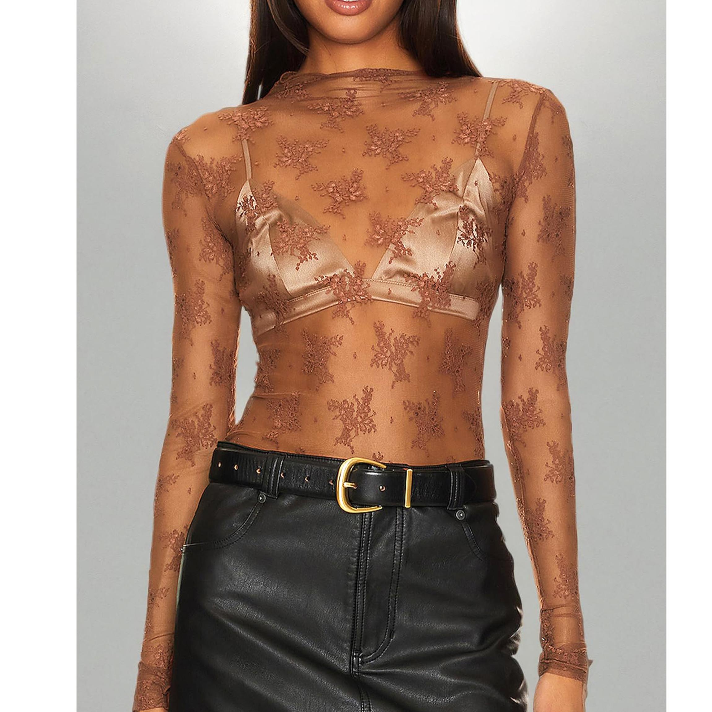 Buenoble Womens Mesh Long Sleeve Tops Crew Neck Sexy See Through Lace Sheer Floral Blouse for Party Club Night Out SpringStatements