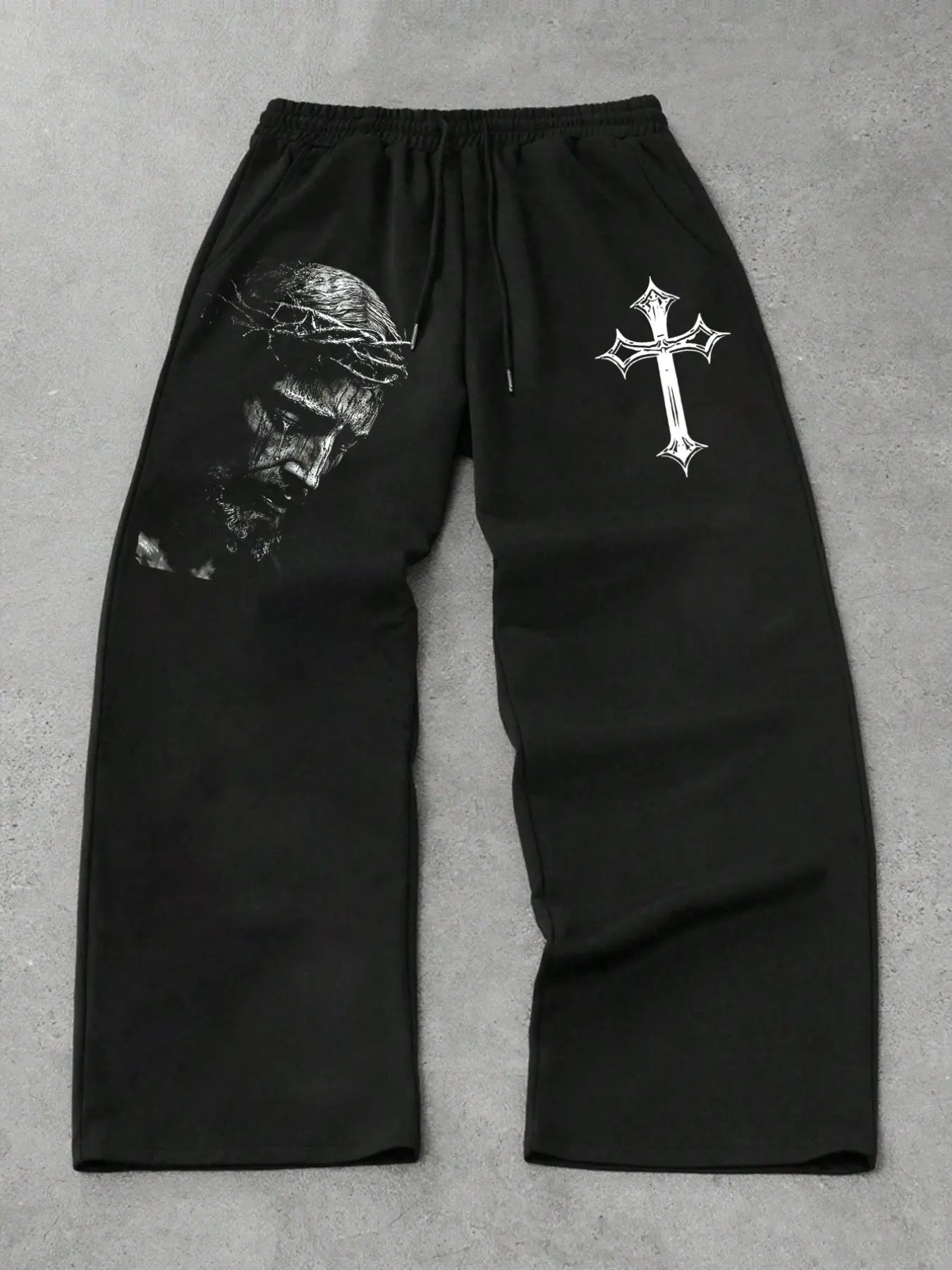 Men's Casual Wide-Leg Sweatpants, Jesus Portrait and Gothic Cross Graphic Print, Streetwear Adjustable Drawstring Elastic Waist and Loose Fit Pants for Everyday Wear